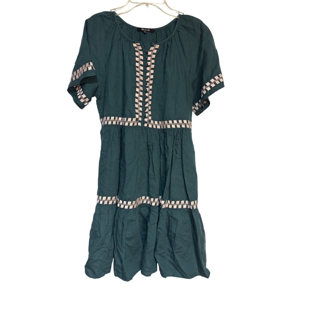 Madewell XS Teal Dress With Beige Embroidered Detail Short Sleeves Tiered Skirt